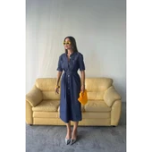 Lucky Life Kadın ÖNDEN  DÜĞMELİ KISA KOL ELBİSE - Mavi - 6