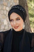 Siyah Taş Nakışlı Abiye Atkılı Bone - 4