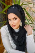 Siyah Çiçek Taşlı Hazır Abiye Şal - 1