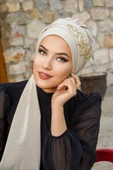 Ekru Gold Nakışlı  Atkılı Abiye Bone - 2