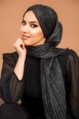 Siyah Gümüş Kelebek Büzgülü Abiye Şal - 4