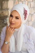 Beyaz Bordo  Nakışlı  Atkılı Abiye Bone - 60101 - 2