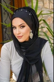 Siyah Çiçek Taşlı Hazır Abiye Şal - 2
