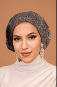 Gümüş Lacivert Simli Çağla Abiye Hazır Türban Bone thumbnail 2