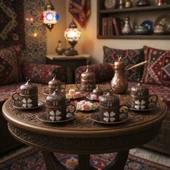 SENA Yonca Desenli 6 Kişilik Porselenli Kapaklı 24 Parça Bakır Renk Fincan Seti - 5