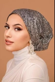 Gümüş Lacivert Simli Çağla Abiye Hazır Türban Bone thumbnail 3
