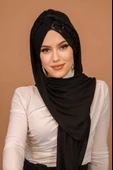 Siyah Payetli Burgu Model Hazır Abiye Şal - 3