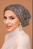 Gümüş Lacivert Simli Çağla Abiye Hazır Türban Bone thumbnail 1
