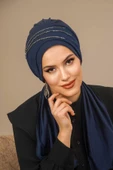 Lacivert Taşlı Atkılı Abiye Bone - 2