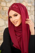Bordo Işıltılı Taşlı Abiye Şal thumbnail 5