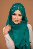 Petrol Yeşil Taşlı Büzgü Model Hazır Abiye Şal - 1