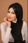 Siyah Payetli Burgu Model Hazır Abiye Şal - 1