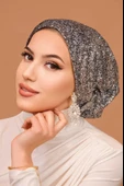 Gümüş Lacivert Simli Çağla Abiye Hazır Türban Bone thumbnail 4