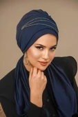 Lacivert Taşlı Atkılı Abiye Bone - 1