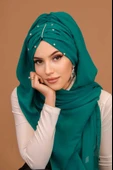 Petrol Yeşil Taşlı Büzgü Model Hazır Abiye Şal - 2