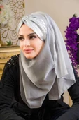 Gümüş Fransız Şifon Simli DOUBLE Abiye Şal - 2