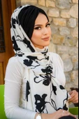 Beyaz Siyah Yaprak Desen Kelebek Model Büzgülü Bone Şal thumbnail 3
