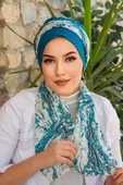 Petrol Mavi Beyaz Desen Fularlı Bone thumbnail 2
