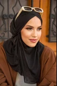 Siyah Ponpon Çapraz Bantlı Medium Size Hijab - Hazır Şal thumbnail 4