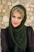 Haki Etnik Desen Büzgülü Hazır Şal - 4