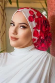 Kırmızı Gül Desen Çağla Hazır Türban - 4
