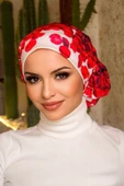 Kırmızı Gül Desen Çağla Hazır Türban - 6