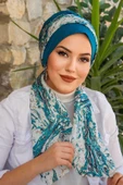 Petrol Mavi Beyaz Desen Fularlı Bone thumbnail 3