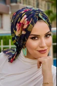 Lacivert Çiçek Desen Tokalı Bone - 2