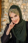 Haki Etnik Desen Büzgülü Hazır Şal - 1