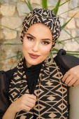 Siyah Bej Baklava Desenli Atkılı Bone thumbnail 3