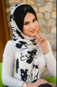 Beyaz Siyah Yaprak Desen Kelebek Model Büzgülü Bone Şal thumbnail 1