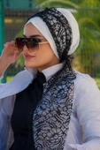 Beyaz Siyah Dantel Fularlı Bone-40602 thumbnail 3