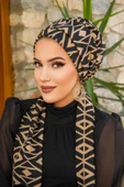 Siyah Bej Baklava Desenli Atkılı Bone thumbnail 2