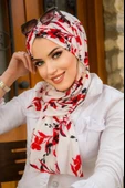 Kırmızı Beyaz Çiçek Desen Kelebek Bone Şal thumbnail 1