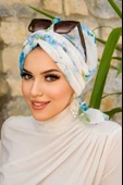 Beyaz Mavi Çiçekli Tokalı Bone - 2
