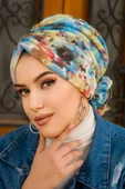 Mavi Çok Renkli Çiçek Desen Tokalı Bone - 2