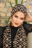 Siyah Bej Baklava Desenli Atkılı Bone thumbnail 1