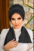 Siyah Gümüş Fitilli Atkılı Tesettür Bone thumbnail 2