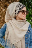 Bej Siyah Desenli Büzgülü Hazır Şal - 3