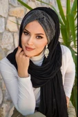 Siyah Gümüş Burgu Hazır Şal - 1