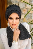Siyah Gümüş Fitilli Atkılı Tesettür Bone thumbnail 1