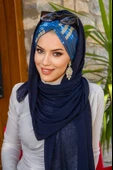 Lacivert Hardal Yazı Desen Hazır Şal - 1