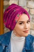 Mürdüm Vişne Çiçek Desen Tokalı Bone - 3