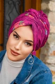 Mürdüm Vişne Çiçek Desen Tokalı Bone - 2