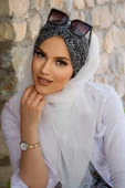 Beyaz Siyah Puanlı Büzgülü Hazır Şal - 1