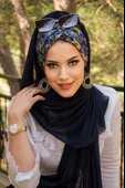 Lacivert Mimoza Çiçek Desen Hazır Şal - 1
