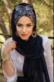 Lacivert Mimoza Çiçek Desen Hazır Şal - 2
