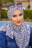 Beyaz Lacivert Desenli Hazır Şal Eşarp - 2