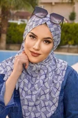 Beyaz Lacivert Desenli Hazır Şal Eşarp - 1