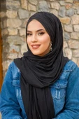 Siyah Ponpon Çapraz Bantlı Hazır Şal - 1